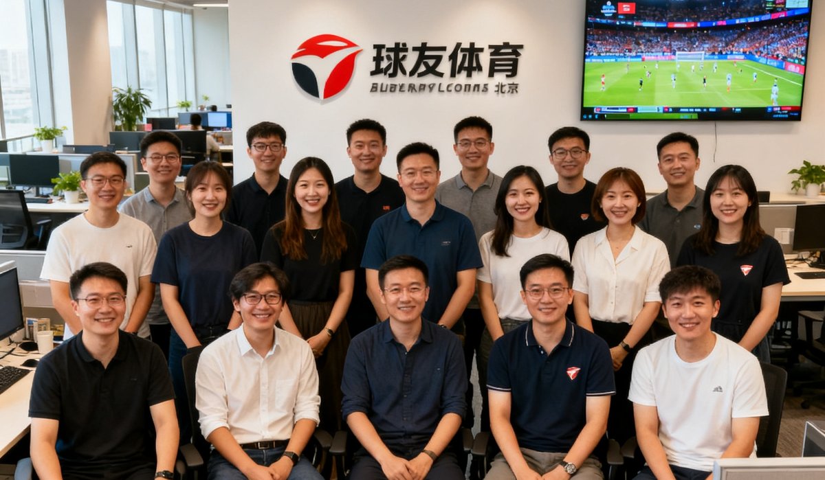 球友体育北京总部团队在开放式办公区的合影，背景墙上有公司Logo和赛事直播大屏幕，团队成员面带微笑氛围轻松